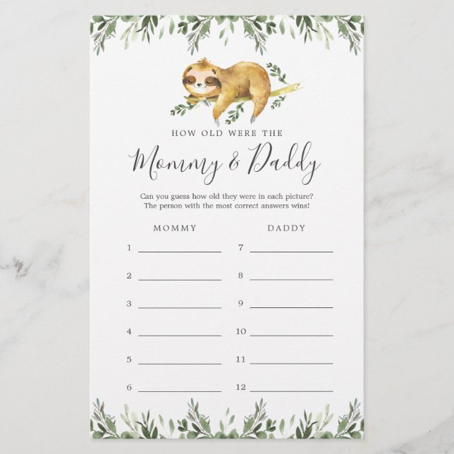 Sloth Baby Shower How Old Were They Game Card (Front)