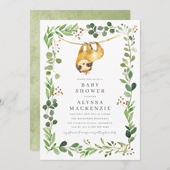 Sloth Baby Shower Invitation (Front/Back)
