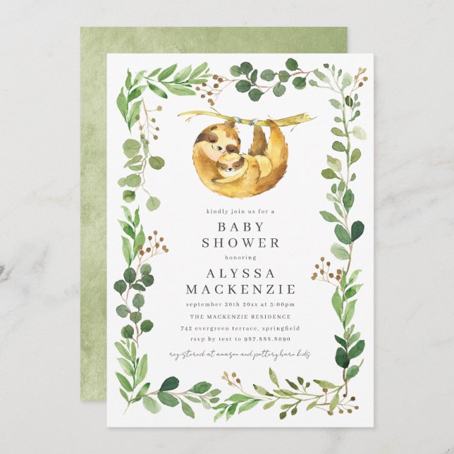 Sloth Baby Shower Invitation (Front/Back)