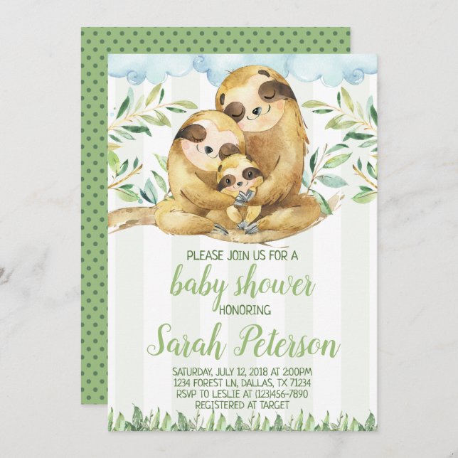 Sloth Baby Shower Invitation Invite (Front/Back)