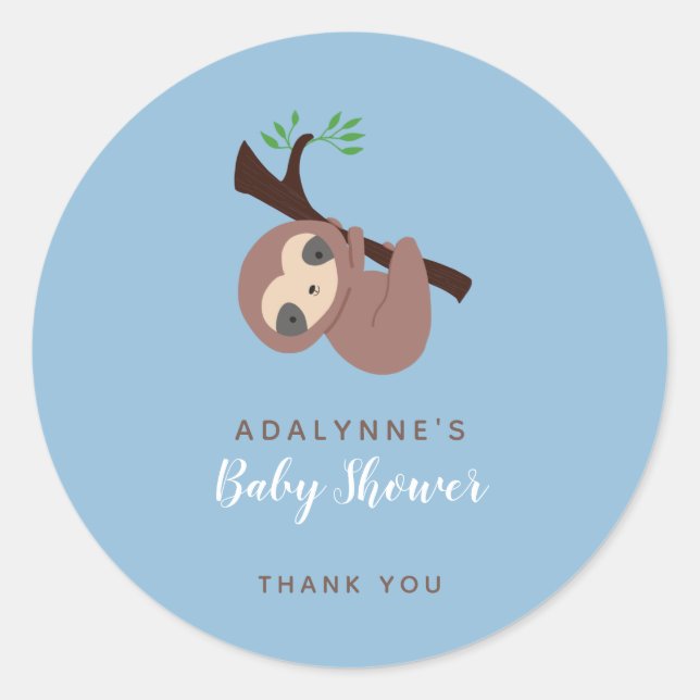 Sloth Baby Shower It's a Boy Brown Script Cute Classic Round Sticker (Front)