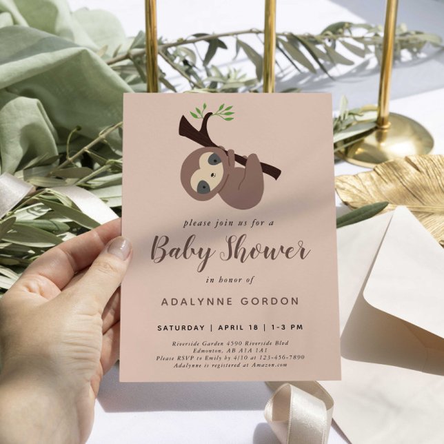 Sloth Baby Shower Pink Brown Modern Minimal Cute Invitation (Creator Uploaded)