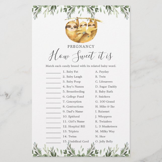 Sloth Baby Shower Pregnancy How Sweet It Is Game (Front)