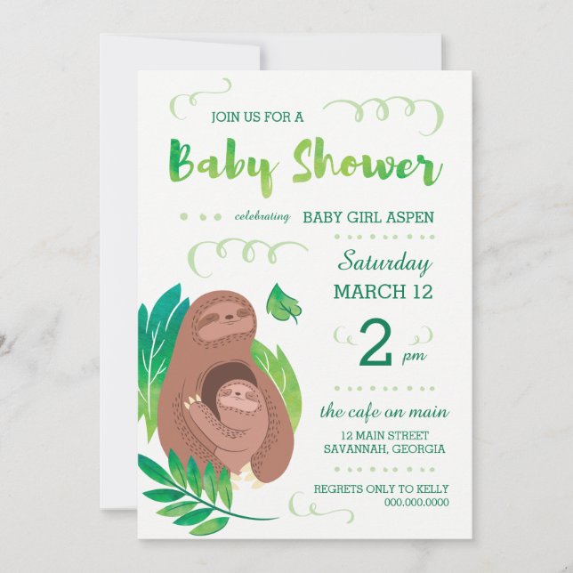 Sloth Baby Shower Rainforest Jungle Theme Invitation (Front)