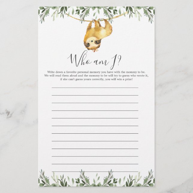 Sloth Baby Shower Who Am I Game (Front)