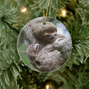 Sloth Baby with Mother Hanging from a Tree Ceramic Ornament