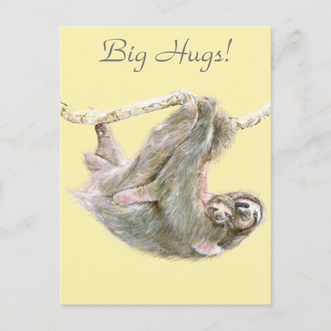 Sloth, baby with mum cuddling "Big Hugs" Postcard (Front)