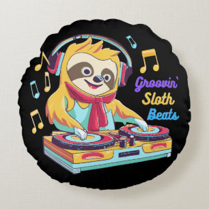 Sloth Beats retro vintage vibrant Round Cushion