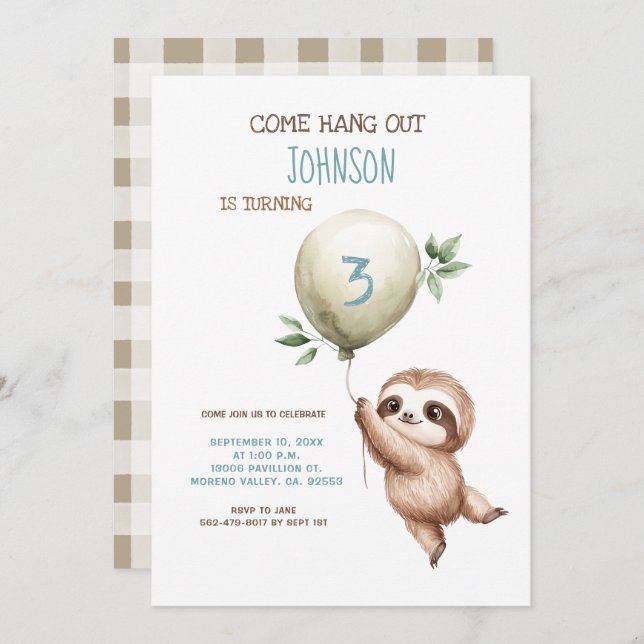 Sloth Birthday Come Hang Out 1st Birthday Invitation (Front/Back)