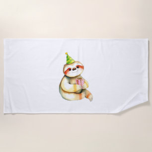 Sloth birthday gift cute funny happy party hat Cla Beach Towel