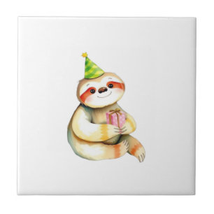 Sloth birthday gift cute funny happy party hat Cla Ceramic Tile