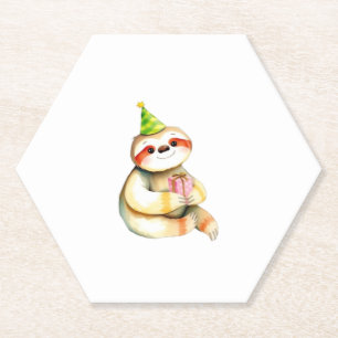Sloth birthday gift cute funny happy party hat Cla Paper Coaster