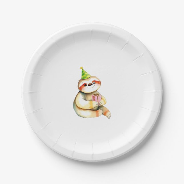 Sloth birthday gift cute funny happy party hat Cla Paper Plate (Front)