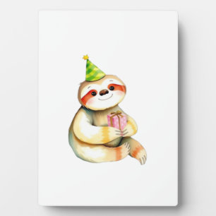 Sloth birthday gift cute funny happy party hat Cla Plaque