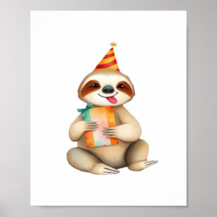 Sloth birthday gift cute funny happy party hat Cla Poster