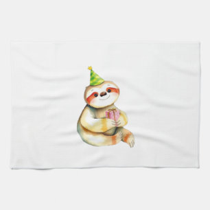 Sloth birthday gift cute funny happy party hat Cla Tea Towel