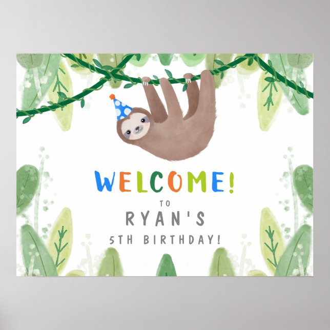 Sloth Birthday Party in Blue & White Welcome Sign (Front)