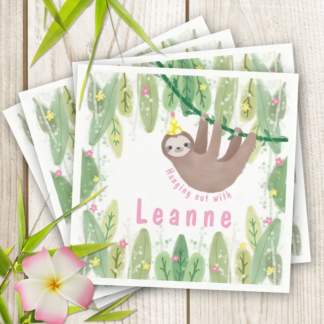 Sloth Birthday Party in Pink & Yellow Napkin (Super cute sloth theme napkins for your kiddo's birthday party!)