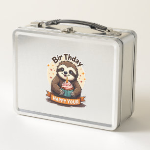 Sloth Birthday Shirt Vintage Cake Animal Graphic Metal Lunch Box