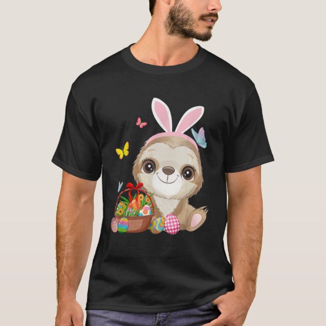 Sloth Bunny Easter Eggs Hunting Rabbit Sloth Happy T-Shirt (Front)