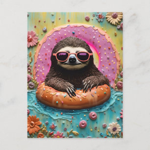 Sloth Chilling in a Floating Doughnut Funny Collag Postcard
