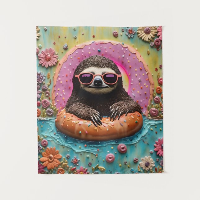 Sloth Chilling in a Floating Doughnut Funny Collag Tapestry (Front)