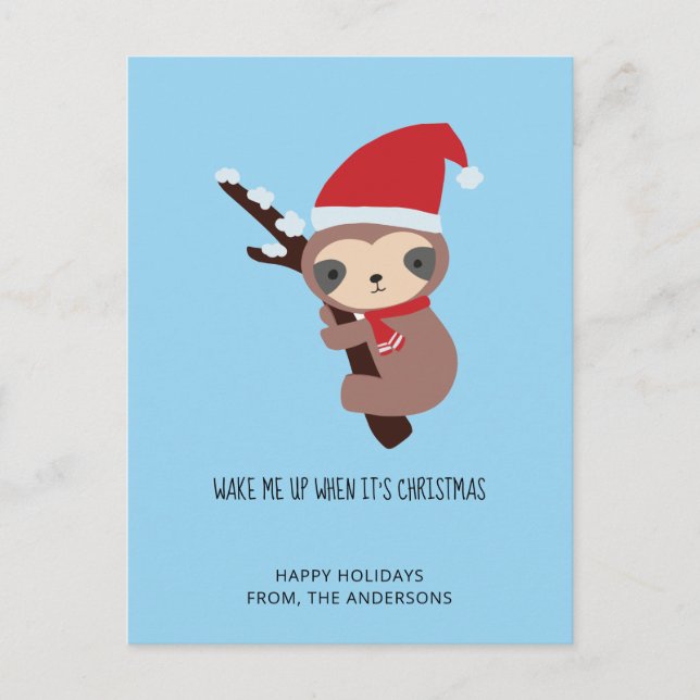 Sloth Christmas Cute Wake Me Up Holiday Cute Blue Postcard (Front)