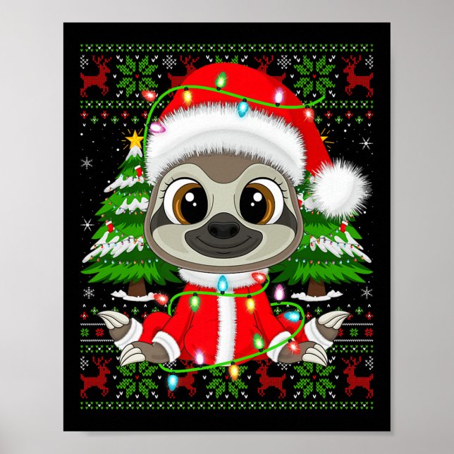 Sloth Christmas Lights Santa Costume Ugly Xmas Swe Poster (Front)