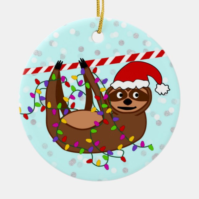 Sloth Christmas Ornament, Christmas Lights, Ceramic Ornament (Front)