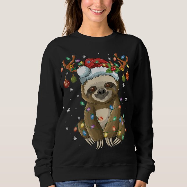 Sloth Christmas Reindeer Lights Santa Hat Pajama X Sweatshirt (Front)