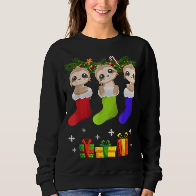 Sloth Christmas Sock Sloth Santa Hat Lights Xmas T Sweatshirt (Front)