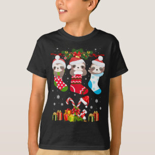 Sloth Christmas Sock Sloth Santa Hat Lights Xmas T T-Shirt