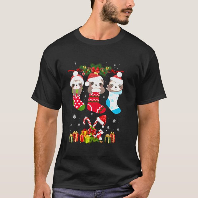 Sloth Christmas Sock Sloth Santa Hat Lights Xmas T T-Shirt (Front)
