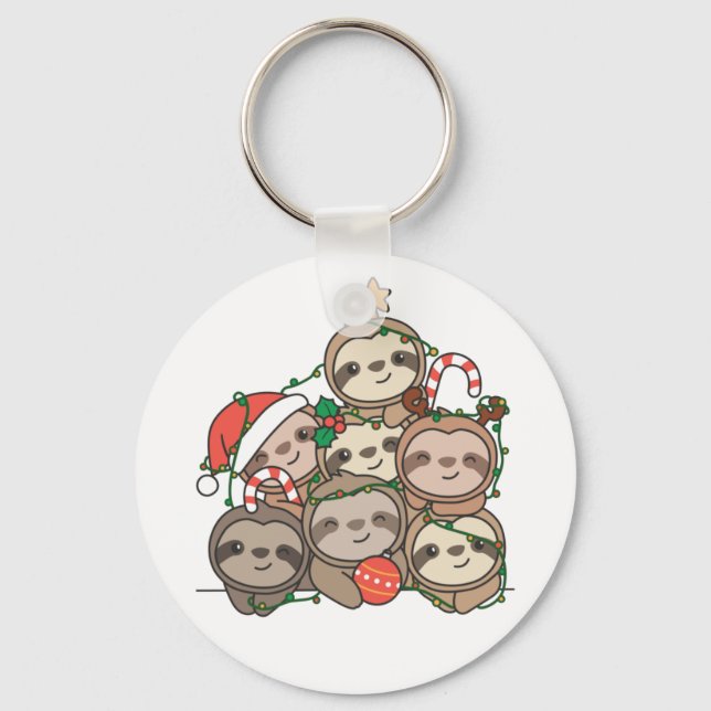 Sloth Christmas Tree Funny Animal Christmas Keycha Key Ring (Front)