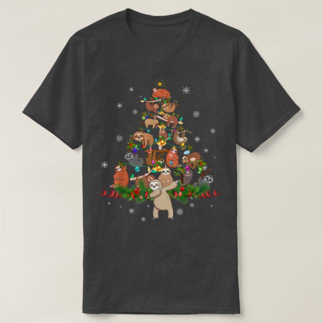Sloth Christmas Tree Lights Santa Hat Funny Sloth  T-Shirt (Design Front)