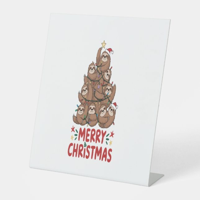 Sloth Christmas Tree Merry Holiday Pedestal Sign (Front)