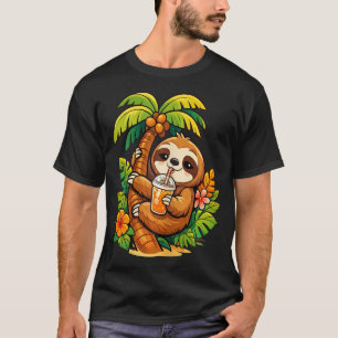 Sloth Climbing Palm Tree Drinking Orange T-Shirt