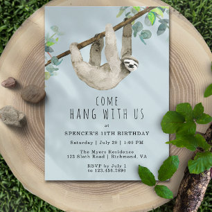 Sloth Come Hang   Sky Blue Fun Kids Birthday Party Invitation