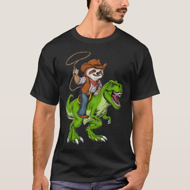 Sloth Cowboy Riding T-Rex Dinosaur T-Shirt (Front)