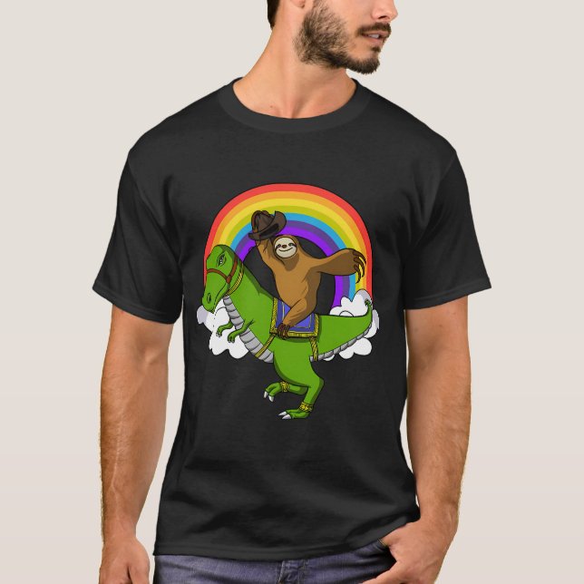 Sloth Cowboy Riding T-Rex Dinosaur T-Shirt (Front)