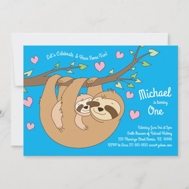 Sloth Cute Kids 1st Birthday Party Invitation (Front)