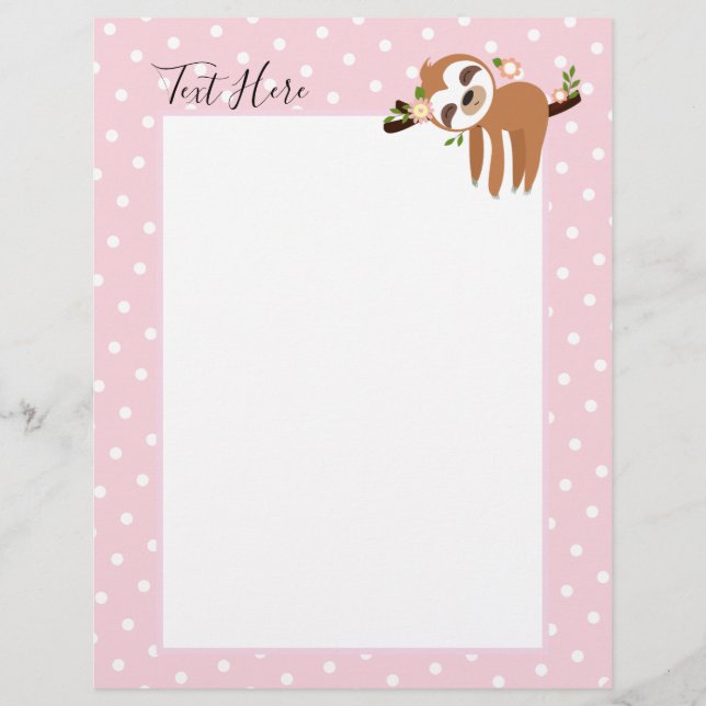 sloth, cute sloth, animal illustration custom letterhead (Front)