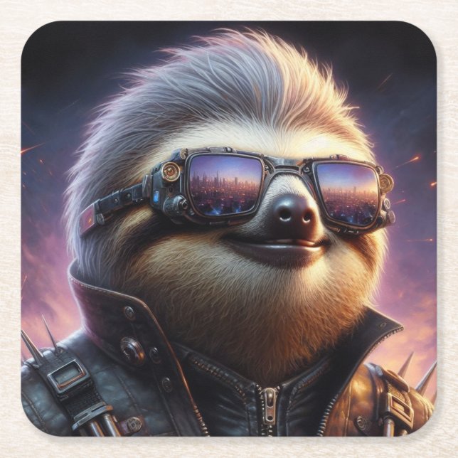 Sloth Cyberpunk Square Paper Coaster (Front)