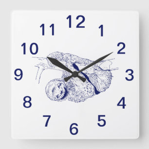 Sloth Drawing Lithograph #1 Blue Square Wall Clock