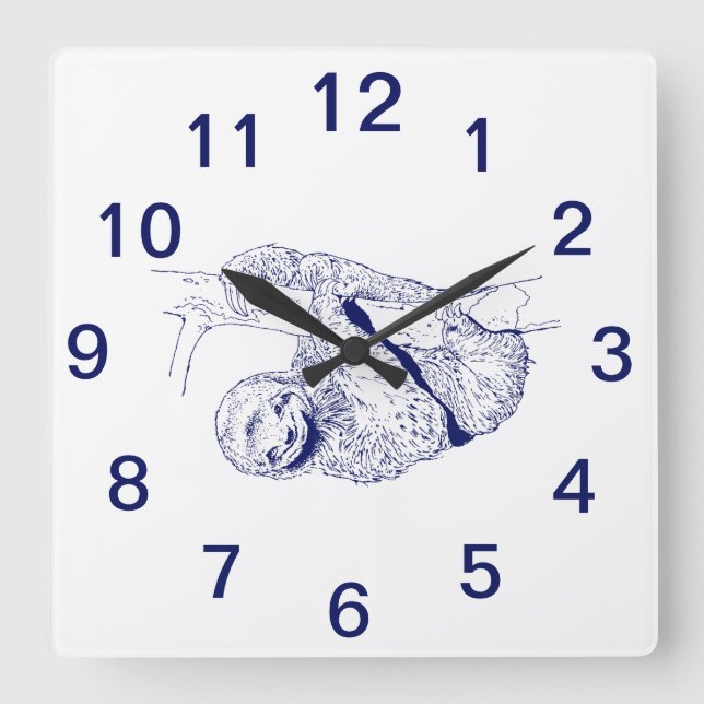 Sloth Drawing Lithograph #1 Blue Square Wall Clock (Front)