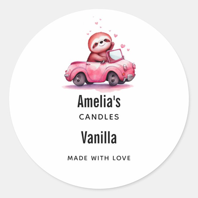 Sloth Driving a Pink Convertible Candle Business Classic Round Sticker (Front)