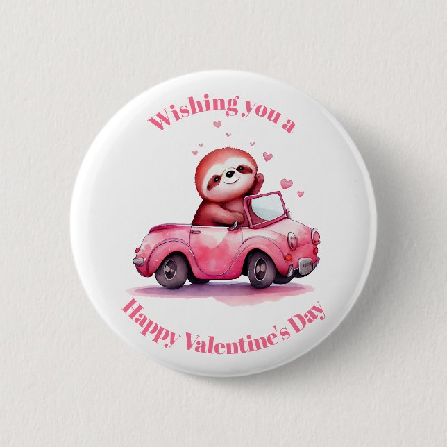 Sloth Driving a Pink Convertible Valentine's Day 6 Cm Round Badge (Front)