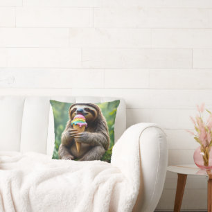 Sloth Eating a Rainbow Ice Cream Cone Cushion