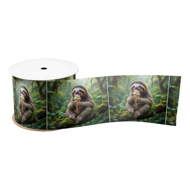 Sloth Eating a Rainbow Ice Cream Cone Satin Ribbon (Spool)