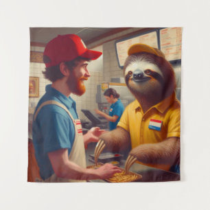 Sloth Fast Food Worker Tapestry